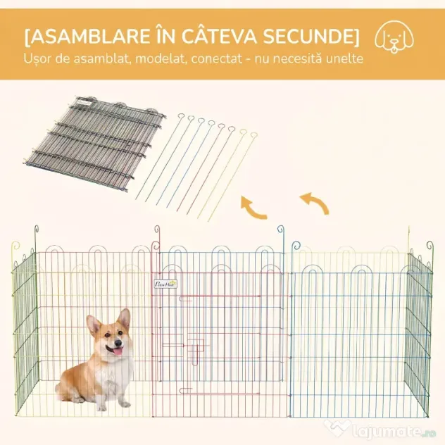 PawHut Țarc pentru Câini cu 8 Panouri, Ușă cu Zăvor, din Oțel, Ø156x60 cm, Multicolor | Aosom Romania