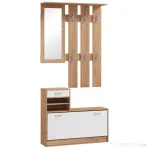 HOMCOM Mobilier Cuier 3 în 1 cu Suport pentru Pantofi și Oglindă, Cârlige și Sertare, din Lemn, 90x24x177 cm, Alb și Nuc