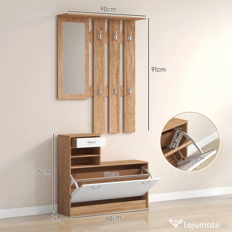 HOMCOM Set Mobilier Modern cu Etajeră pentru Pantofi, Oglindă cu 6 Cârlige, 2 Rafturi și Sertare, 90x24x177 cm, Lemn Natural | Aosom Romania
