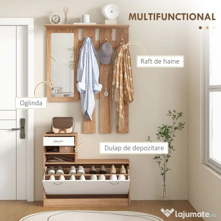 HOMCOM Set Mobilier Modern cu Etajeră pentru Pantofi, Oglindă cu 6 Cârlige, 2 Rafturi și Sertare, 90x24x177 cm, Lemn Natural | Aosom Romania