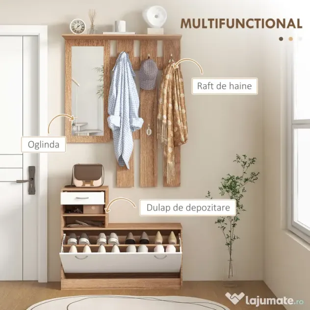 HOMCOM Set Mobilier Modern cu Etajeră pentru Pantofi, Oglindă cu 6 Cârlige, 2 Rafturi și Sertare, 90x24x177 cm, Lemn Natural | Aosom Romania