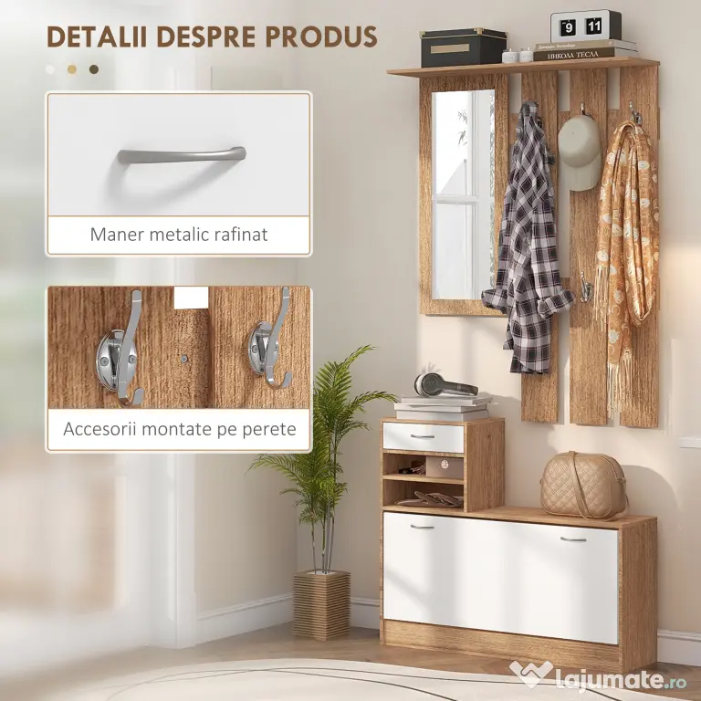 HOMCOM Set Mobilier Modern cu Etajeră pentru Pantofi, Oglindă cu 6 Cârlige, 2 Rafturi și Sertare, 90x24x177 cm, Lemn Natural | Aosom Romania