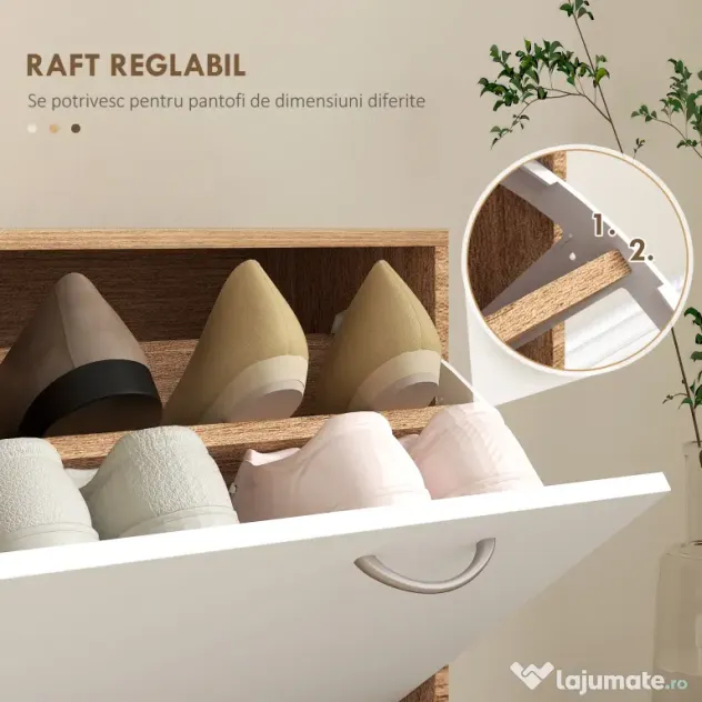 HOMCOM Set Mobilier Modern cu Etajeră pentru Pantofi, Oglindă cu 6 Cârlige, 2 Rafturi și Sertare, 90x24x177 cm, Lemn Natural | Aosom Romania