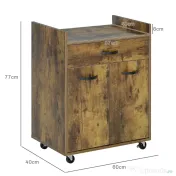 HOMCOM Cărucior de Bucătărie cu Sertar, Dulap și 4 Roți din Lemn, 60x40x77 cm, Maro Rustic