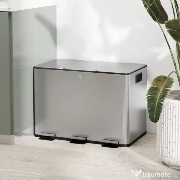 HOMCOM Coș de Gunoi cu 3 Compartimente 10L pentru Bucătărie, Cu Pedale și Capace cu Închidere Silențioasă, Oțel Inoxidabil și PP, 49.6x34.5x38.6 cm, Argintiu