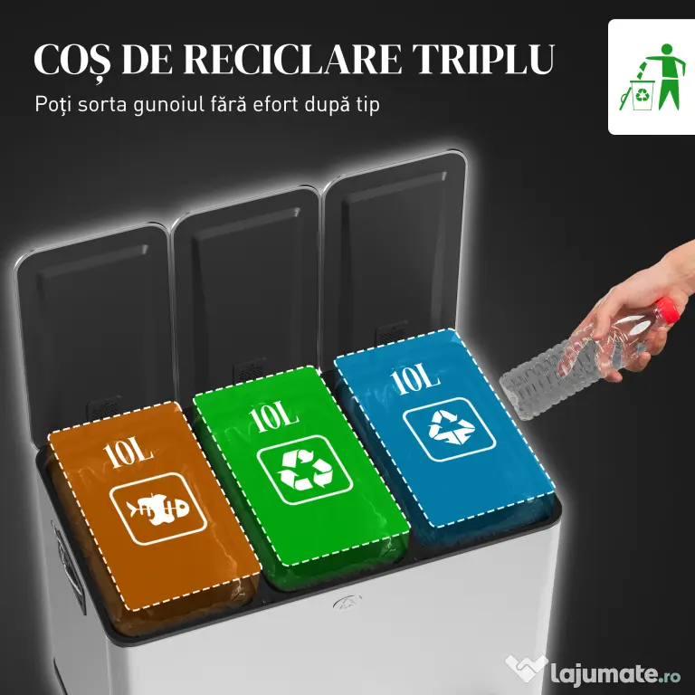 HOMCOM Coș de Gunoi cu 3 Compartimente 10L pentru Bucătărie, Cu Pedale și Capace cu Închidere Silențioasă, Oțel Inoxidabil și PP, 49.6x34.5x38.6 cm, Argintiu