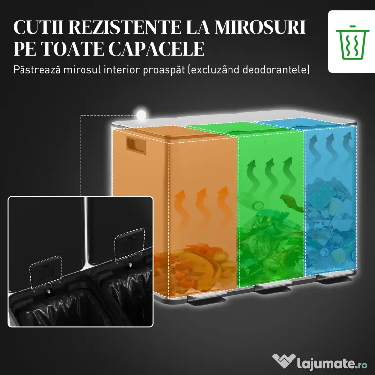 HOMCOM Coș de Gunoi cu 3 Compartimente 10L pentru Bucătărie, Cu Pedale și Capace cu Închidere Silențioasă, Oțel Inoxidabil și PP, 49.6x34.5x38.6 cm, Argintiu