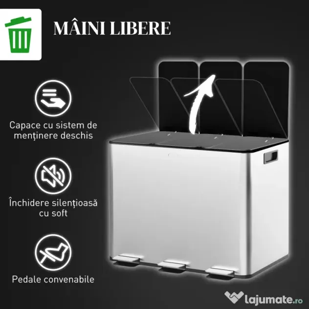 HOMCOM Coș de Gunoi cu 3 Compartimente 10L pentru Bucătărie, Cu Pedale și Capace cu Închidere Silențioasă, Oțel Inoxidabil și PP, 49.6x34.5x38.6 cm, Argintiu