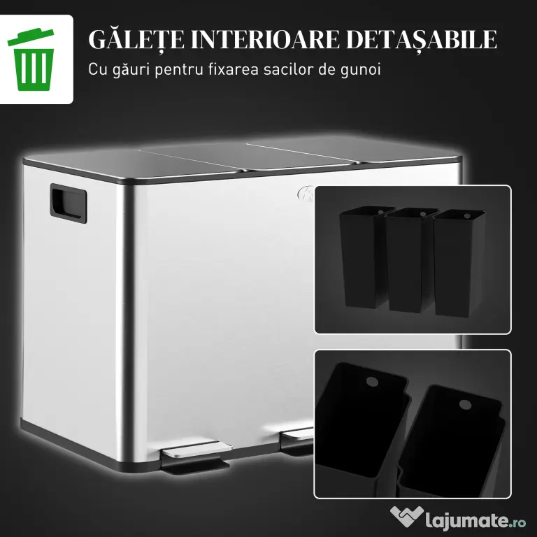 HOMCOM Coș de Gunoi cu 3 Compartimente 10L pentru Bucătărie, Cu Pedale și Capace cu Închidere Silențioasă, Oțel Inoxidabil și PP, 49.6x34.5x38.6 cm, Argintiu