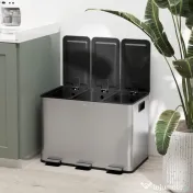 HOMCOM Coș de Gunoi cu 3 Compartimente 10L pentru Bucătărie, Cu Pedale și Capace cu Închidere Silențioasă, Oțel Inoxidabil și PP, 49.6x34.5x38.6 cm, Argintiu 