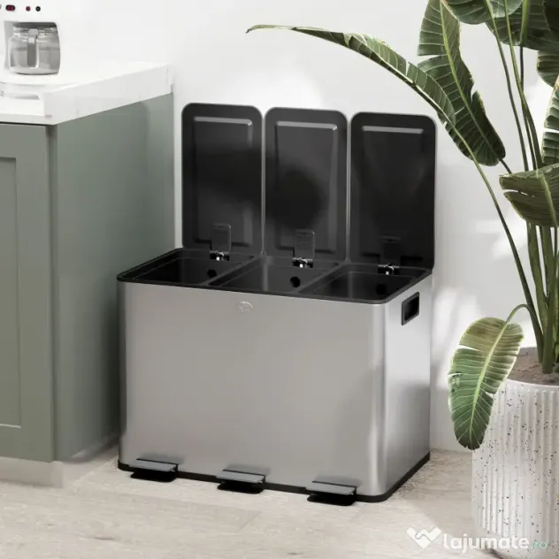 HOMCOM Coș de Gunoi cu 3 Compartimente 10L pentru Bucătărie, Cu Pedale și Capace cu Închidere Silențioasă, Oțel Inoxidabil și PP, 49.6x34.5x38.6 cm, Argintiu