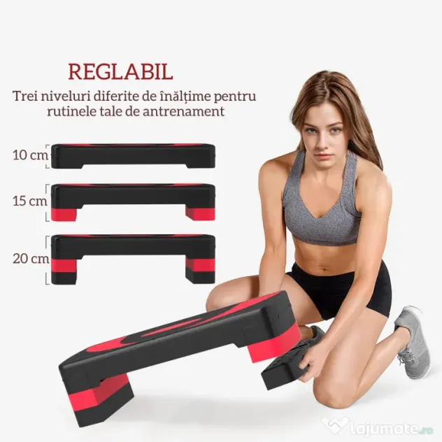 HOMCOM Step Fitness pentru Aerobic, Stepper Reglabil la 3 Niveluri de Înălțime 10-15-20 cm pentru Antrenamente Acasă și Sală, Verde și Negru | Aosom Romania