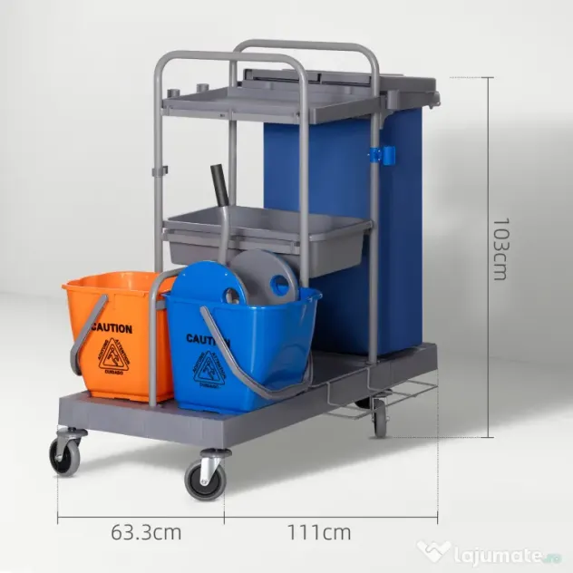 HOMCOM Cărucior Profesional de Curățenie cu 3 Rafturi, Sac pentru Gunoi și Găleată, 111x63,3x103 cm, Gri | Aosom Romania