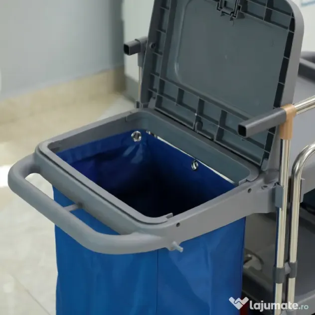 HOMCOM Cărucior Profesional de Curățenie cu 3 Rafturi, Sac pentru Gunoi și Găleată, 111x63,3x103 cm, Gri | Aosom Romania