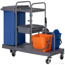 HOMCOM Căruț de curățenie cu 3 rafturi, sac pentru gunoi și storcător, 111x63.3x103 cm, gri-albastru și portocaliu