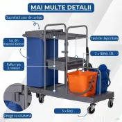 HOMCOM Căruț de curățenie cu 3 rafturi, sac pentru gunoi și storcător, 111x63.3x103 cm, gri-albastru și portocaliu 