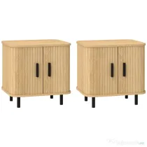 HOMCOM Set 2 Noptiere în stil Nordic cu Raft pe 2 Niveluri și Ușă Culisantă pentru Dormitor, 48x40x48 cm, Lemn Natural | Aosom Romania