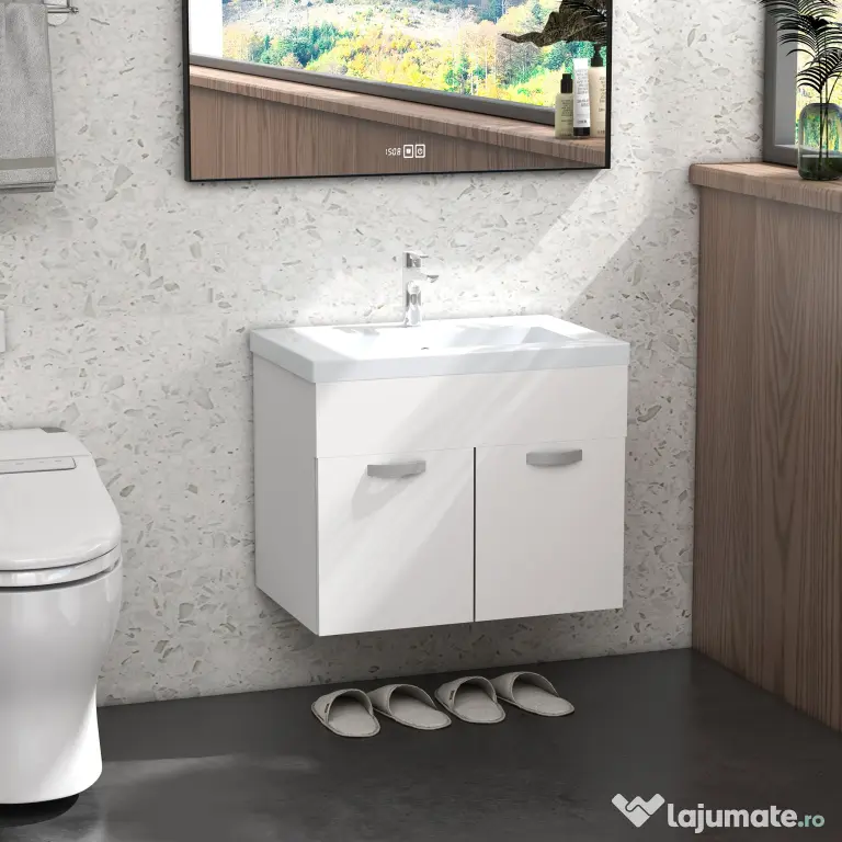Kleankin Dulap de Baie Suspendat cu Chiuvetă, Dulap cu 2 Uși cu Chiuvetă și Balamale Amortizate, 61x40x50 cm, Alb Lucios | Aosom Romania