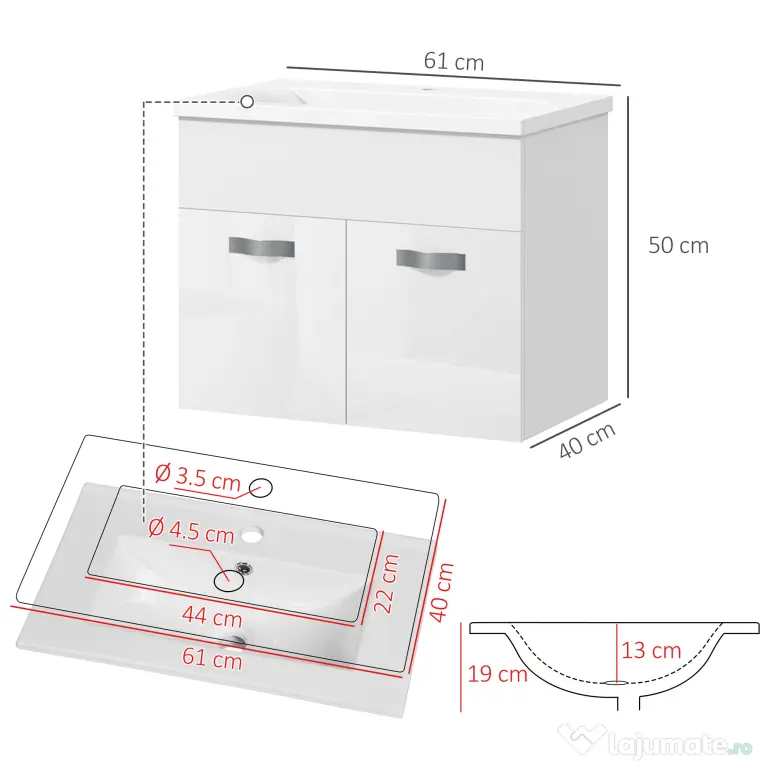 Kleankin Dulap de Baie Suspendat cu Chiuvetă, Dulap cu 2 Uși cu Chiuvetă și Balamale Amortizate, 61x40x50 cm, Alb Lucios | Aosom Romania