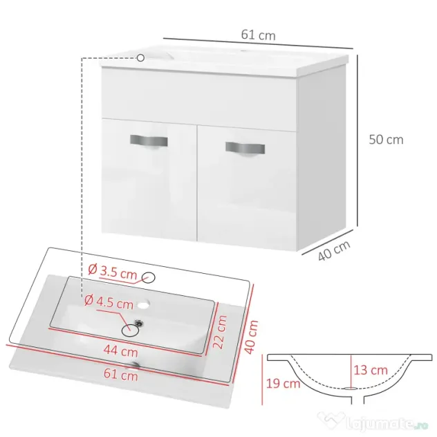 Kleankin Dulap de Baie Suspendat cu Chiuvetă, Dulap cu 2 Uși cu Chiuvetă și Balamale Amortizate, 61x40x50 cm, Alb Lucios | Aosom Romania