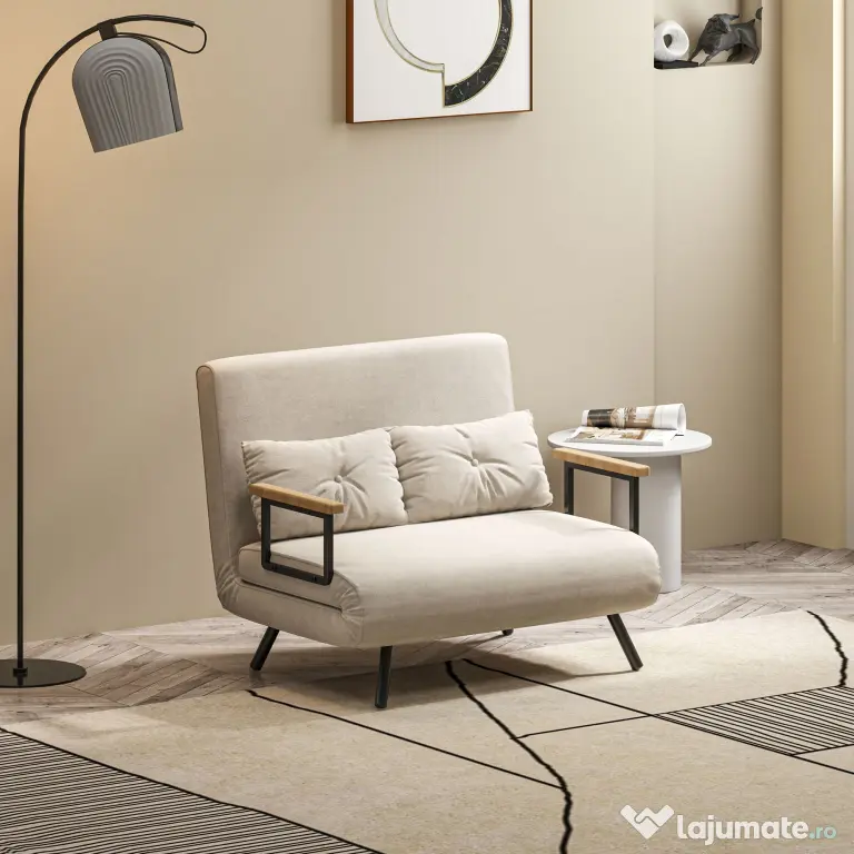 HOMCOM Canapea Pat de 2 Locuri cu Spătar Reglabil pe 5 Nivele și 2 Perne din Material Capitonat, 102x73x81 cm, Crem Alb | Aosom Romania