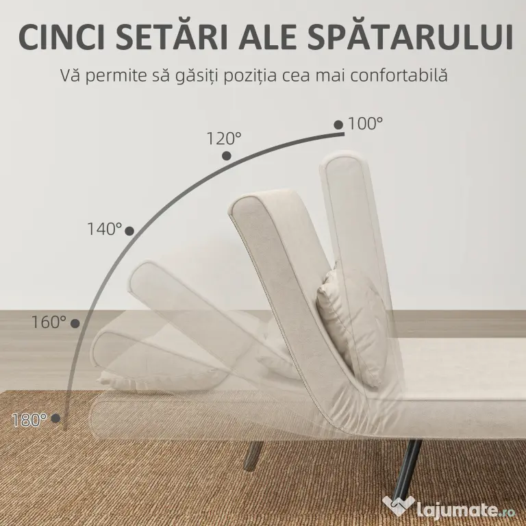 HOMCOM Canapea Pat de 2 Locuri cu Spătar Reglabil pe 5 Nivele și 2 Perne din Material Capitonat, 102x73x81 cm, Crem Alb | Aosom Romania