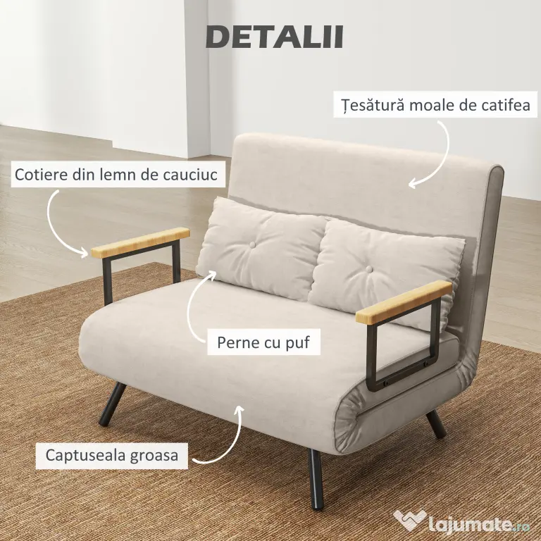 HOMCOM Canapea Pat de 2 Locuri cu Spătar Reglabil pe 5 Nivele și 2 Perne din Material Capitonat, 102x73x81 cm, Crem Alb | Aosom Romania