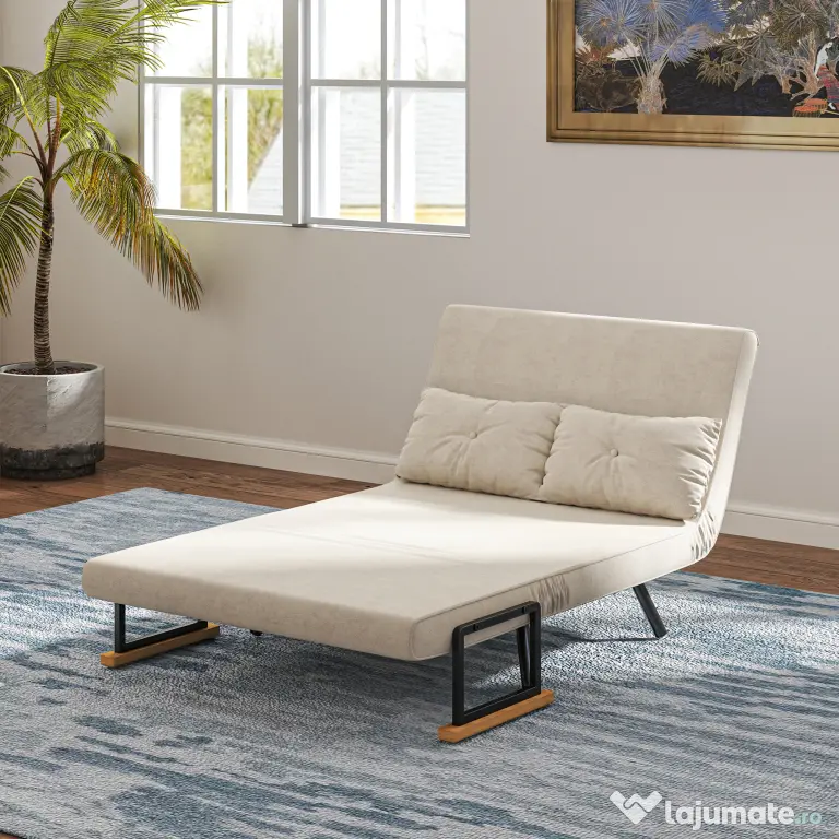 HOMCOM Canapea Pat de 2 Locuri cu Spătar Reglabil pe 5 Nivele și 2 Perne din Material Capitonat, 102x73x81 cm, Crem Alb | Aosom Romania