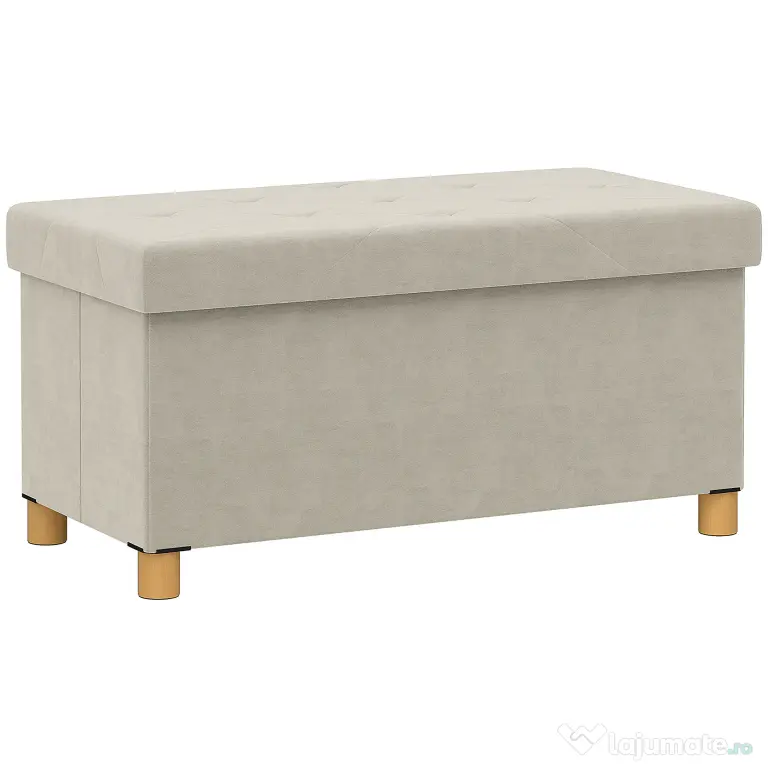 HOMCOM Bancă Ladă de Depozitare Pliabilă, Bancă de Pat cu Capac Căptușit și Înveliș de Catifea, 76x38x38 cm, Crem Alb | Aosom Romania