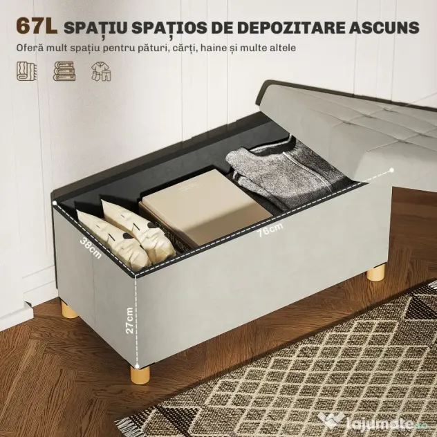 HOMCOM Bancă Ladă de Depozitare Pliabilă, Bancă de Pat cu Capac Căptușit și Înveliș de Catifea, 76x38x38 cm, Crem Alb | Aosom Romania