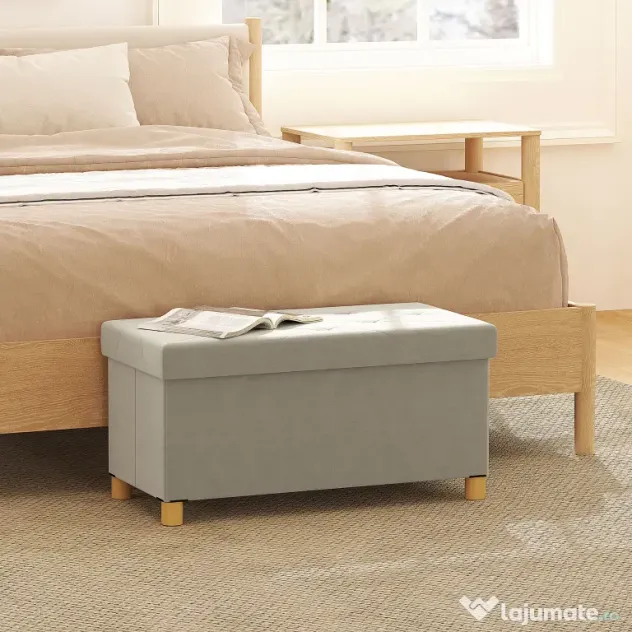 HOMCOM Bancă Ladă de Depozitare Pliabilă, Bancă de Pat cu Capac Căptușit și Înveliș de Catifea, 76x38x38 cm, Crem Alb | Aosom Romania