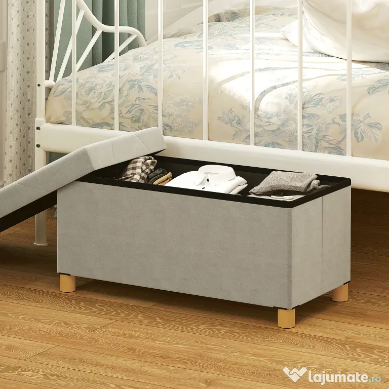 HOMCOM Bancă Ladă de Depozitare Pliabilă, Bancă de Pat cu Capac Căptușit și Înveliș de Catifea, 76x38x38 cm, Crem Alb | Aosom Romania