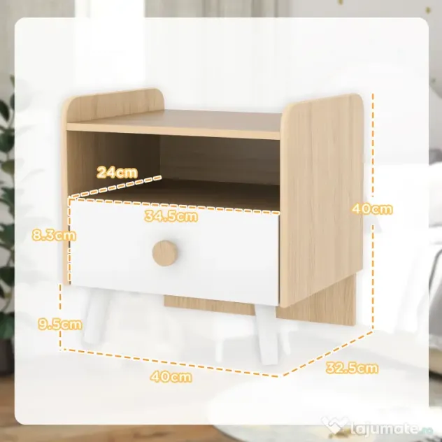 AIYAPLAY Noptieră cu Sertar pentru Copii 3-10 Ani, cu Design Minimalist pentru Dormitor, 40x32,5x40 cm, Lemn Natural | Aosom Romania