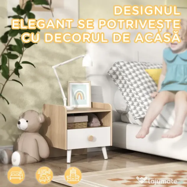 AIYAPLAY Noptieră cu Sertar pentru Copii 3-10 Ani, cu Design Minimalist pentru Dormitor, 40x32,5x40 cm, Lemn Natural | Aosom Romania