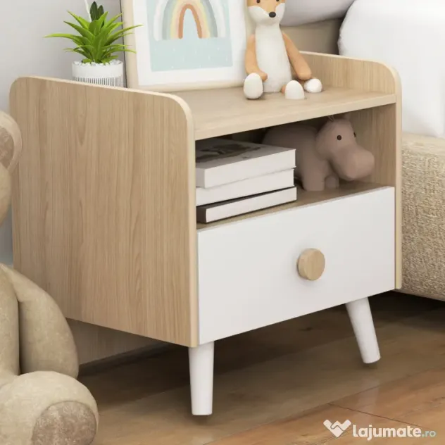 AIYAPLAY Noptieră cu Sertar pentru Copii 3-10 Ani, cu Design Minimalist pentru Dormitor, 40x32,5x40 cm, Lemn Natural | Aosom Romania