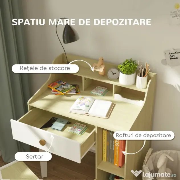 AIYAPLAY Set Birou pentru Copii cu Raft de Depozitare, Sertar și Scaun din Lemn, 80,4x50x96 cm, Alb | Aosom Romania