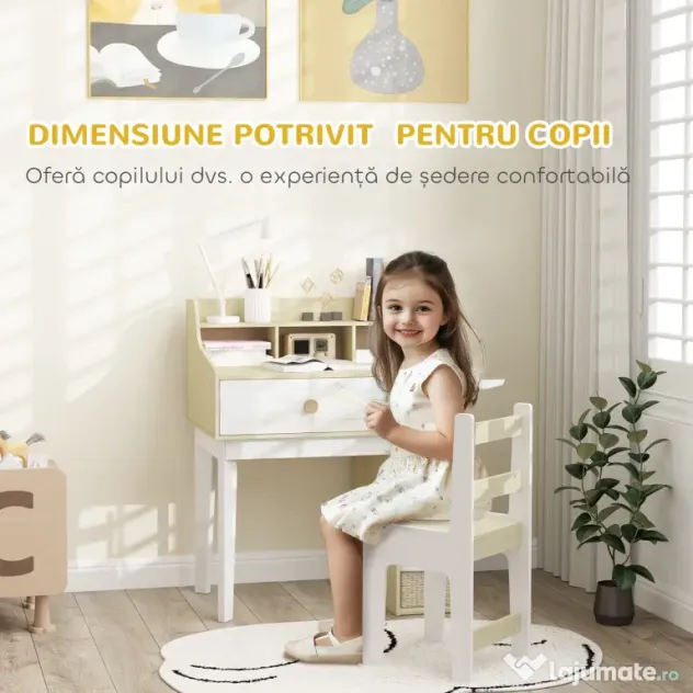 AIYAPLAY Set Birou pentru Copii cu Raft de Depozitare, Sertar și Scaun din Lemn, 80,4x50x96 cm, Alb | Aosom Romania