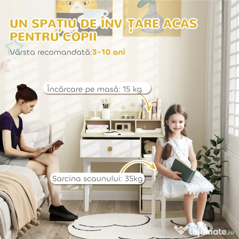 AIYAPLAY Set Birou pentru Copii cu Raft de Depozitare, Sertar și Scaun din Lemn, 80,4x50x96 cm, Alb | Aosom Romania
