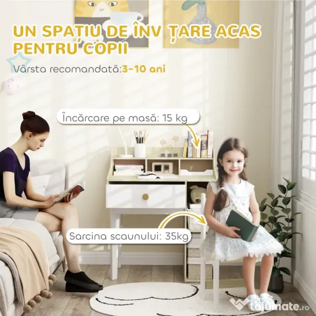 AIYAPLAY Set Birou pentru Copii cu Raft de Depozitare, Sertar și Scaun din Lemn, 80,4x50x96 cm, Alb | Aosom Romania