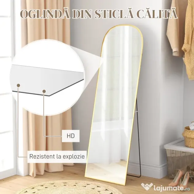 HOMCOM Oglindă de Podea și Perete cu Suport Pliabil, 50x161.5cm, Auriu | Aosom Romania