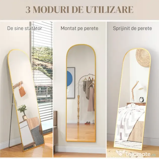 HOMCOM Oglindă de Podea și Perete cu Suport Pliabil, 50x161.5cm, Auriu | Aosom Romania