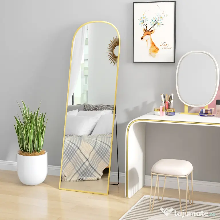 HOMCOM Oglindă de Podea și Perete cu Suport Pliabil, 50x161.5cm, Auriu | Aosom Romania