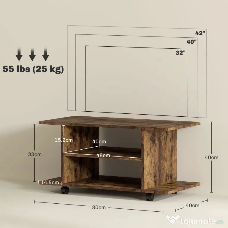 HOMCOM Comodă pentru TV cu Roți, 80×40×40 cm, Negru | Aosom Romania
