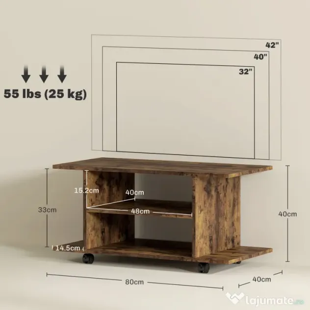 HOMCOM Comodă pentru TV cu Roți, 80×40×40 cm, Negru | Aosom Romania