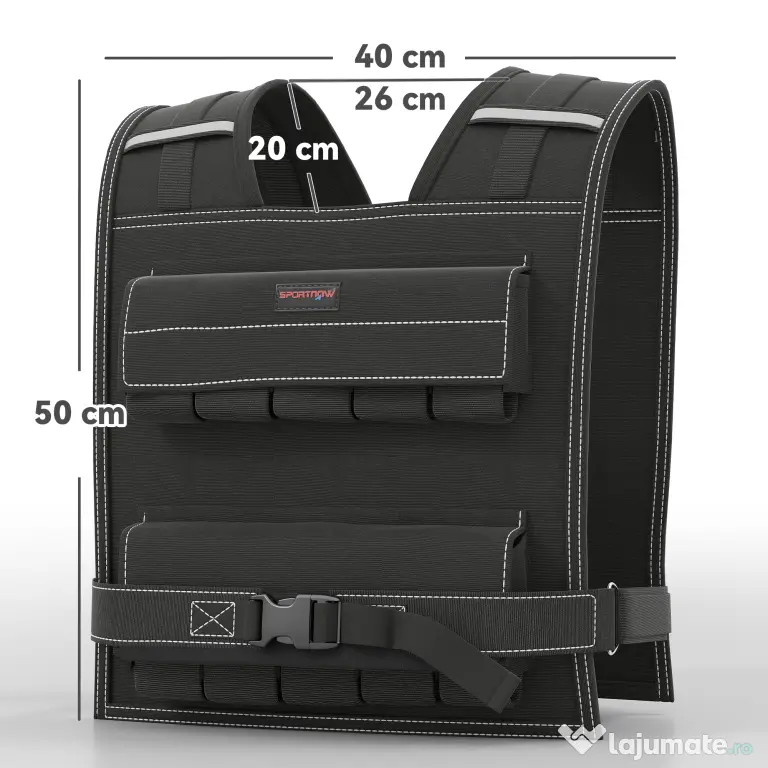 SPORTNOW Vestă cu Greutăți Reglabilă 20kg cu 20 de Greutăți, Vestă cu Benzi Reflectorizante, Potrivire Strânsă pentru Antrenament Acasă, Alergare și Fitness, Material Oxford, 50x40 cm, Negru | Aosom Romania