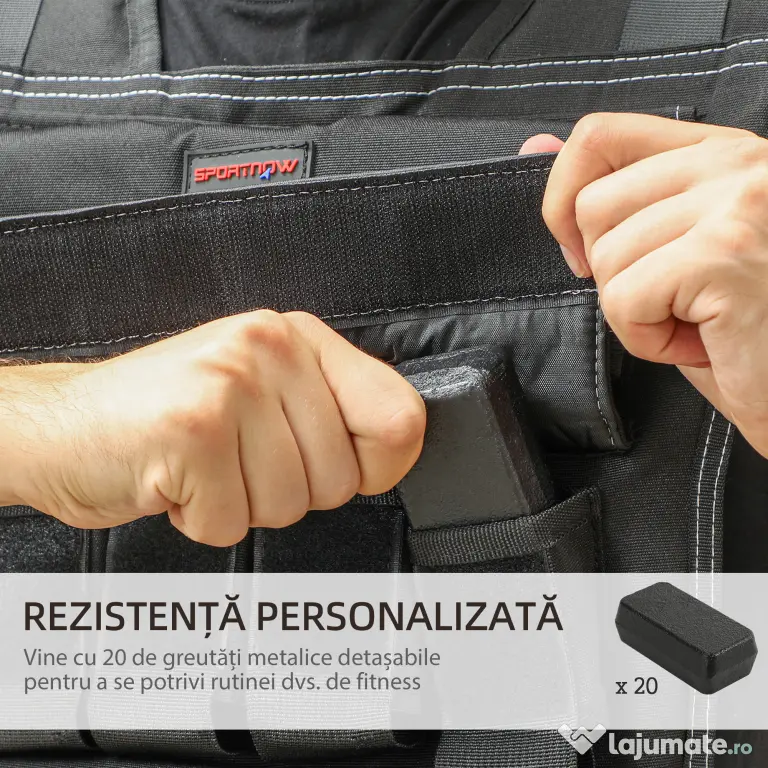 SPORTNOW Vestă cu Greutăți Reglabilă 20kg cu 20 de Greutăți, Vestă cu Benzi Reflectorizante, Potrivire Strânsă pentru Antrenament Acasă, Alergare și Fitness, Material Oxford, 50x40 cm, Negru | Aosom Romania