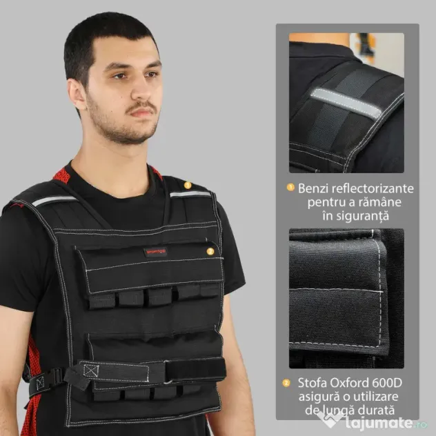 SPORTNOW Vestă cu Greutăți Reglabilă 20kg cu 20 de Greutăți, Vestă cu Benzi Reflectorizante, Potrivire Strânsă pentru Antrenament Acasă, Alergare și Fitness, Material Oxford, 50x40 cm, Negru | Aosom Romania