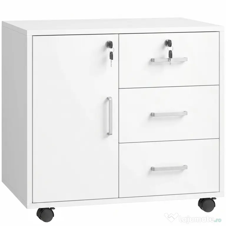 HOMCOM Dulap de Birou cu 3 Sertare și Dulăpior cu 3 Rafturi Reglabile, Sertar pentru Documente, 60x40x56 cm, Alb | Aosom Romania