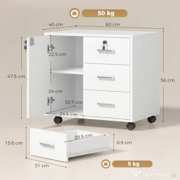 HOMCOM Dulap de Birou cu 3 Sertare și Dulăpior cu 3 Rafturi Reglabile, Sertar pentru Documente, 60x40x56 cm, Alb | Aosom Romania
