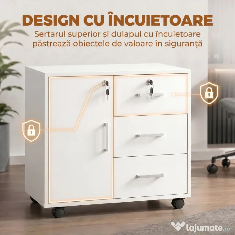 HOMCOM Dulap de Birou cu 3 Sertare și Dulăpior cu 3 Rafturi Reglabile, Sertar pentru Documente, 60x40x56 cm, Alb | Aosom Romania